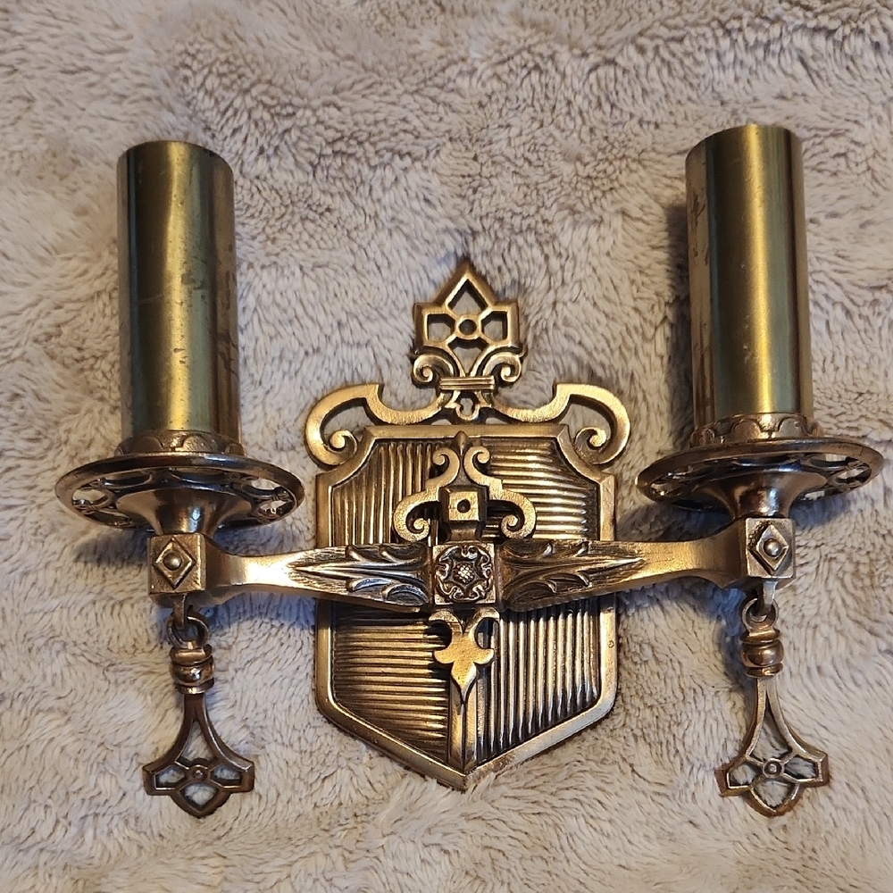 Vintage Double Arm Wall Sconce Heavy Revival Style 20s 30s 40s Brass Goth Retro